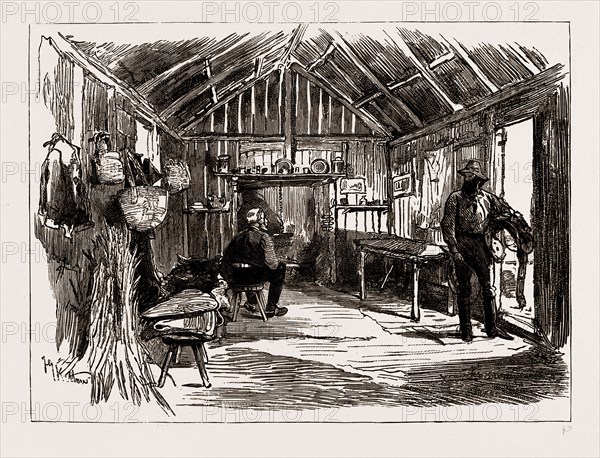 AUSTRALIAN EXHIBITS AT THE COLONIAL AND INDIA EXHIBITION, 1886: BUSHMAN'S HUT, SOUTH AUSTRALIAN COURT