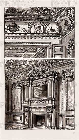 AN OLD LONDON MANSION, "COWFIELDS," 30, OLD BURLINGTON STREET, UK, 1886: PAINTED CEILINGS TO DRAWING ROOMS, MANTELPIECE OF ROOM ON GROUND FLOOR