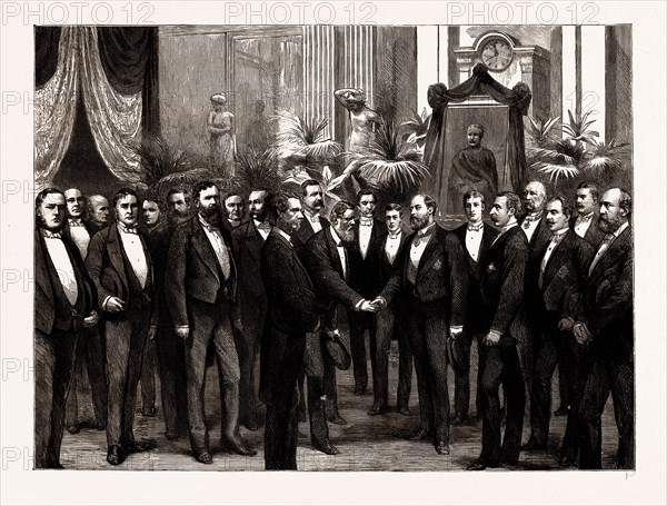 THE OPENING FESTIVAL OF THE GORDON BOYS' HOME: THE PRINCE OF WALES RECEIVING THE GUESTS, UK, 1886: Sir Thomas Brassey, Cardinal Manning, Sir Henry James, General Sir Peter S. Lumsden, Sir Evelyn Wood, Sir Charles Warren, Lord Napier of Magdala, Prince Albert Victor of Wales, Duke of Connaught, Duke of Teck, Prince Christian, Bishop of London, Sir Richard Temple, Lord Iddesleigh, Sir William Gull, Mr. W.H. Smith