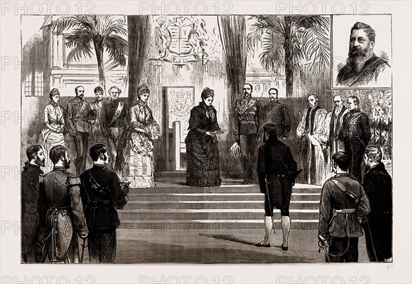 THE VISIT OF THE QUEEN TO LIVERPOOL, UK, 1886: THE OPENING OF THE EXHIBITION, THE QUEEN READING HER REPLY TO THE MAYOR'S ADDRESS