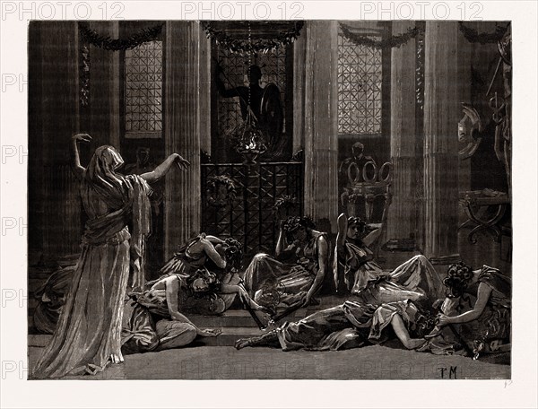 "THE STORY OF ORESTES," AT THE PRINCE'S HALL, PICCADILLY, LONDON, UK, 1886: THE GHOST OF CLYTEMNESTRA AWAKENING THE FURIES, ACT III., THE PERFORMANCES ARE IN AID OF THE LONDON UNIVERSITY ENDOWMENT FUND