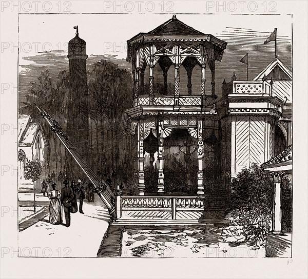 THE OPENING OF THE INTERNATIONAL EXHIBITION OF NAVIGATION AND MANUFACTURES BY THE QUEEN AT LIVERPOOL, UK, 1886: CHINESE OPEN-AIR TEA TENT IN THE EXHIBITION BUILDINGS
