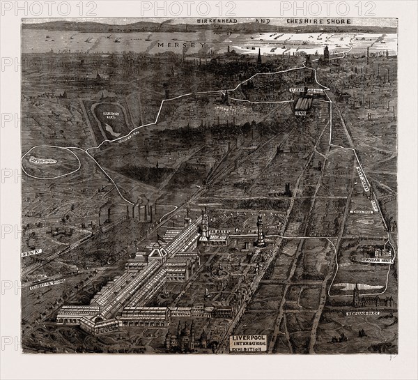 THE OPENING OF THE INTERNATIONAL EXHIBITION OF NAVIGATION AND MANUFACTURES BY THE QUEEN AT LIVERPOOL, UK, 1886: BIRD'S-EYE VIEW OF LIVERPOOL, SHOWING THE ROUTE OF THE ROYAL PROCESSION FROM NEWSHAM HOUSE TO THE EXHIBITION AND THROUGH THE CITY