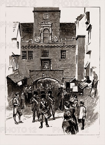 THE OPENING OF THE INTERNATIONAL EXHIBITION AT EDINBURGH BY PRINCE ALBERT VICTOR, UK, 1886: THE PRINCE ENTERING THE OLD TOLBOOTH, ESCORTED BY THE CITY GUARD