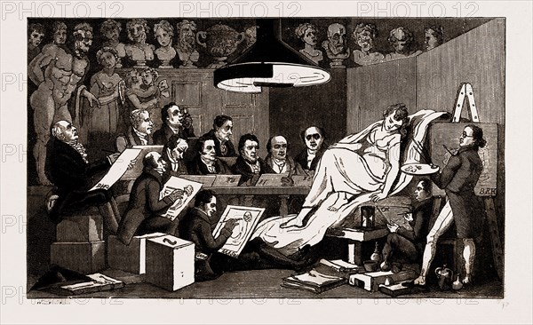"R.A.'S OF GENIUS," LIFE SCHOOL AT THE ROYAL ACADEMY, 1824, UK, 1886; Rowlandson, Sir Benjamin West, Sir Thomas Lawrence, Sir M.A. Shee