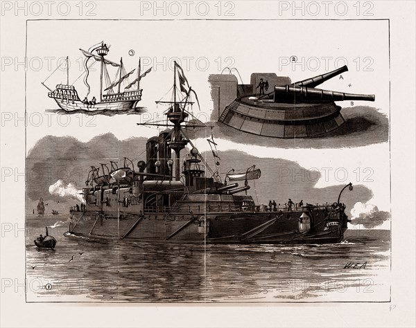 THE ACCIDENT ON BOARD H.M.S. "COLLINGWOOD", 1886: 1. General View of the Ship. 2. The Large Guns on the Revolving Table (A Shows the Gun Lowered for Reloading: B shows the Gun in Firing Position. The Mark X Shows where the Accident Occurred to the Gun at the Recent Trial) 3. "There is Nothing New under the Sun" A Ship of the 13th Century Showing the Ancient Use of "Fighting Tops," which are a Special Feature in the "Collingwood."