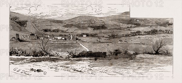 A VIEW NEAR CASTLEISLAND, SHOWING THE SCENES OF THE OUTRAGES, 1886: 1. Galvin's Farm. Galvin was shot at because he was suspected of paying Rent. 2. Place where Mr. Herbert was shot dead on the Road. 3. Place where Farmer Hickey was shot dead. 4. Dooling's Farm. Dooling has been twice murderously attacked because he was suspected of paying his Rent. 5. Place where Kearney was shot. 6. Position of Mike Flynn's House