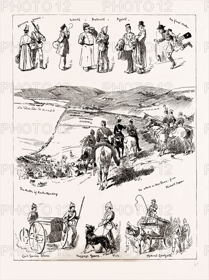 THE VOLUNTEER MANOEUVRES NEAR PORTSMOUTH, UK, 1886; Medical Comforts, Baggage Guard, Civil Service Stores, The Battle of Easter Monday, The attack on War Down from Mindmill Down, Advance Guard, The final rush
