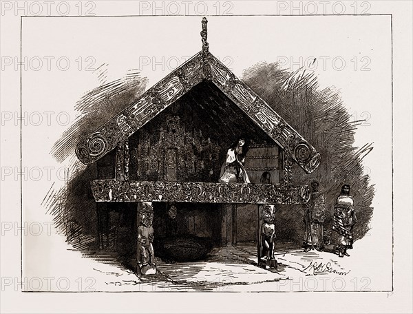 AUSTRALIAN AND NEW ZEALAND EXHIBITS AT THE COLONIAL AND INDIAN EXHIBITION, 1886: A PATAKA, OR MAORI STORE-HOUSE, NEW ZEALAND COURT