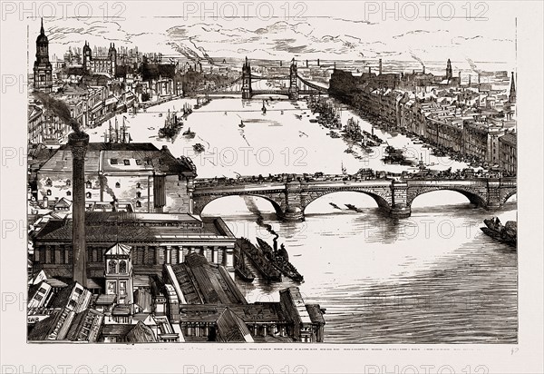 MEANS OF COMMUNICATION BETWEEN THE NORTH AND SOUTH SIDES OF THE THAMES BELOW LONDON BRIDGE, SHOWING THE ADVANTAGES AFFORDED BY THE NEW BRIDGE, LONDON, UK, 1886; A. THAMES TUNNEL. B. TOWER SUBWAY. C. THE NEW TOWER BRIDGE.