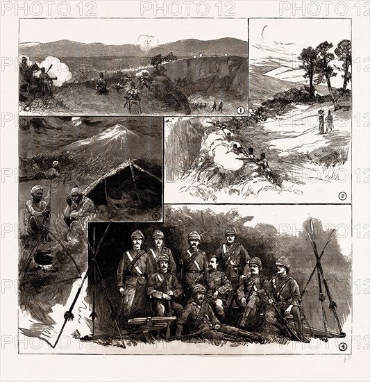 THE FIGHTING WITH DACOITS IN BURMA, 1886: 1. Shelling Dacoits on the Top of the Cliff at the Popa Pass. 2. Repulse of Rebel Attack on the Sagin Outpost 3. A Corner of a Rebel Oupost near Popa. 4. Rangoon Mounted Company of Volunteers Who Took Part in the Expedition to Mandalay.