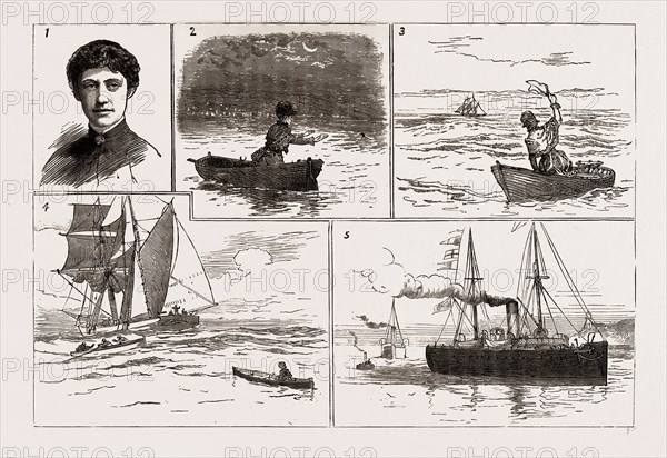 MISS JOURNEAUX'S PERILOUS ADVENTURE AT SEA, 1886: 1. Miss Louisa Journeaux. 2. Her Companion Jumps into the Sea to Recover the Oar and the Boat Drifts Away. 3. She Signals a Passing Ship. 4. The Rescue. 5. Safe Arrival at St. John's Newfoundland.