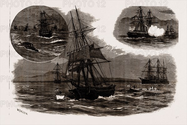 THE BLOCKADE OF THE GREEK PORTS: IN THE GULF OF ATHENS, GREECE, 1886: PREPARING TO TAKE IN TOW A GREEK VESSEL DETAINED BY H.M.S. "SULTAN"; THE RETURN OF THE COMBINED SQUADRON TO SUDA BAY, THE SEA OUTSIDE BEING TOO HEAVY FOR THE TORPEDO BOATS; THE "TEMERAIRE" CHASING A GREEK SHIP