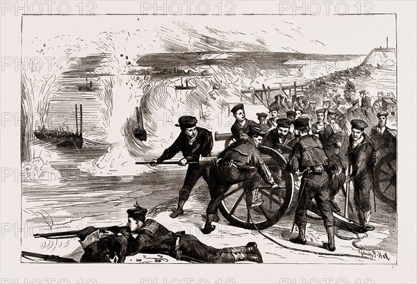 NAVAL SHAM FIGHT AT WHALE ISLAND, PORTSMOUTH, UK, 1886, WITNESSED BY NUMEROUS MEMBERS OF THE HOUSE OF COMMONS AT THE INVITATION OF LORD CHARLES BERESFORD: THE LANDING