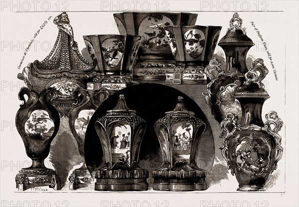 SALE OF OLD PORCELAIN BELONGING TO THE LATE EARL OF DUDLEY, 1886: A Pair of Vases, A Set of Three Eventail Jardinieres