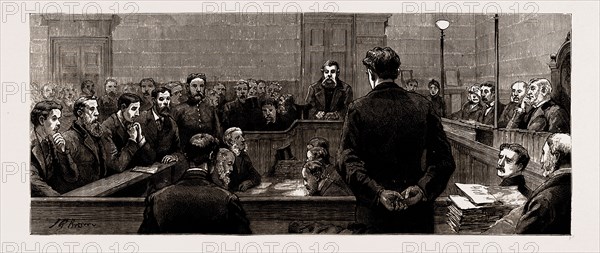 THE LATE RIOTS IN THE WEST-END OF LONDON, UK, 1886: THE SOCIALIST LEADERS AT BOW-STREET POLICE COURT; Mr. Williams, Mr. Hyndman, Mr. Champion, Mr. Burns, Mr. While (Witness), Sir James Ingham
