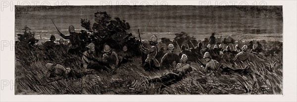 THE EXPEDITION TO UPPER BURMA, 1886: THE STORMING OF ZEEDAW: ROYAL WELSH FUSILIERS LYING DOWN IN POSITION FOR THE ATTACK BEFORE DAWN