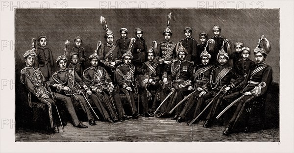 THE LATE GENERAL DHERE SHUMSHERE, COMMANDER-IN-CHIEF OF NEPAL, BROTHER OF JUNG BAHADUR (DIED OCTOBER, 1884) AND HIS SONS. THE LATTER FORM THE PARTY NOW IN POWER IN NEPAL, 1886