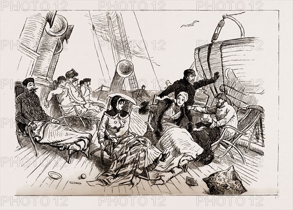AMERICAN FACTS AND FANCIES: 1. ON THE WAY OUT, "A BIG STEAMER LIKE THIS NEVER ROLLS", THE LAST SKETCHES BY THE LATE RANDOLPH CALDECOTT DURING HIS RECENT TOUR IN AMERICA, USA, US, UNITED STATES, UNITED STATES OF AMERICA, 1886