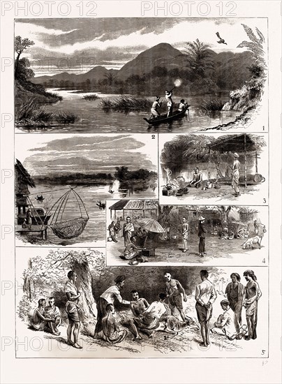 SPORT IN SIAM, 1886: 1. Peacock Shooting, Marklong River. 2. At Ratchburee. 3. Our Kitchen, Camp on the Tatchin 4. The Market, Ratchburee. 5. Cutting up a Kwang.