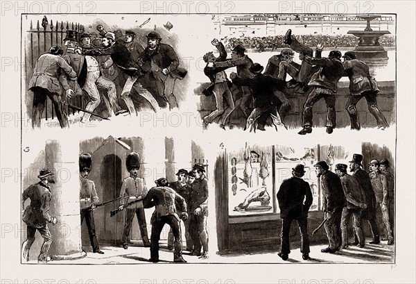 THE RIOTING IN THE WEST END OF LONDON, FEBRUARY 8TH, UK, 1886: 1. BUSILY EMPLOYED, A SCENE IN THE STRAND. 2. A SLIGHT POLITICAL DISAGREEMENT AT TRAFALGAR SQUARE. 3. THE WAR OFFICE PROTECTED. 4. "WHO STRIKES FIRST?"