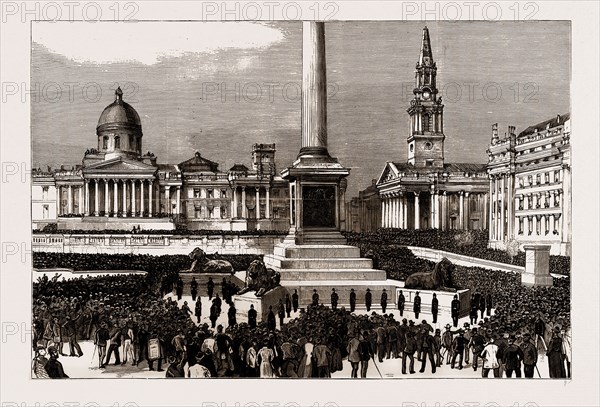 THE RIOTING IN THE WEST END OF LONDON, UK, FEBRUARY 8TH, 1886: GENERAL VIEW OF TRAFALGAR SQUARE DURING THE MEETINGS OF THE UNEMPLOYED AND THE SOCIAL DEMOCRATS