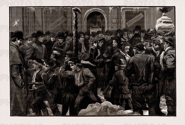 DISTRESS IN LONDON, UK, 1886: UNEMPLOYED WAITING AT A SOUP KITCHEN FOR THE DOORS TO OPEN