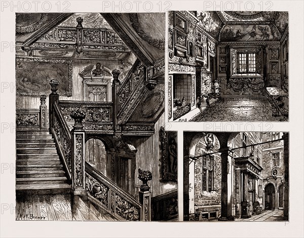 HAM HOUSE, NEAR RICHMOND, UK, 1886: GRAND STAIRCASE, THE BOUDOIR, PRINCIPAL ENTRANCE