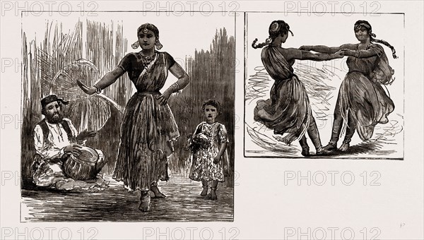 INDIA IN LONDON, 1886: A TANJORE NAUTCH DANCER AND CHILD, WIND UP OF A NAUTCH DANCE; SKETCHES AT THE INDIAN VILLAGE AT PORTLAND HALL, LANGHAM PLACE