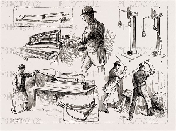 TESTING BAYONETS AND CAVALRY SWORDS AT THE ROYAL SMALL ARMS FACTORY, ENFIELD, LONDON, UK, 1886: 1. The "Bridge" Test (old style) for Triangular Bayonett. 2. The "Curve" Test. 3. The "Striking" Test for Bayonets. 4. The "Twisting" Test for Bayonets. 5. The "Striking" Test for Cavalry Sword Blades. 6. The "Vertical Pressure" Test for Cavalry Swords. 7. The "Vertical Pressure" Test. 8. The "Curve" Test for Sword Blades