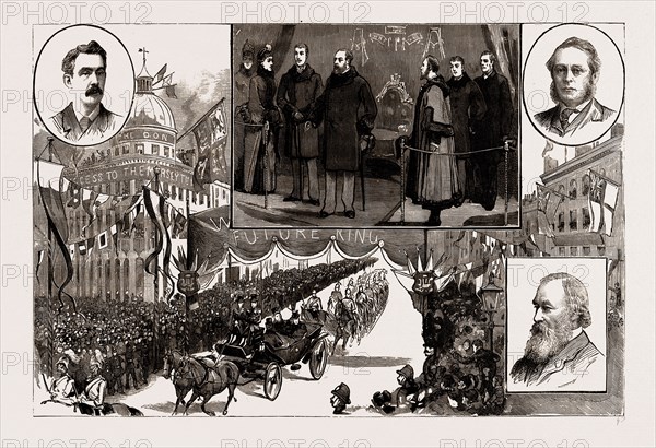 THE PRINCE OF WALES AT LIVERPOOL AND BIRKENHEAD, UK, 1886: Reception of the Prince in Liverpool: View in Lord Street; Mr. James Brunlees, Engineer to the Mersey Tunnel; Mr. A.H. Irvine, Resident Engineer, Mersey Railway; The Prince Declaring the Mersey Tunnel Open; Mr. C. Douglas Fox, Engineer to the Mersey Tunnel