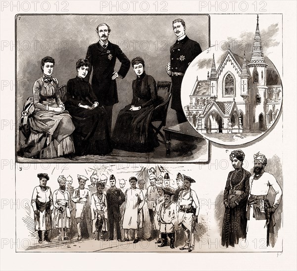 LORD DUFFERIN AT INDORE, 1886: 1. The Viceregal Party. 2. The Daly College, Indore, Opened by the Viceroy, Nov. 14. 3. Sir Lepel Griffin, with H.H. the Maharajah Holkar and other Chiefs, awaiting Lord Dufferin's arrival at Indore. 4. The Thakoor Sahib of Bagri and Maharajah Kumar of Sailana; The Hon. Miss Thynne, Lady Helen Blackwood, Lord Dufferin, Lady Dufferin, Sir Lepel Griffin