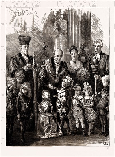 "BROBDINGNAG AND LILLIPUT MEET". RECEPTION OF CHILDREN BY THE LORD MAYOR AT THE JUVENILE FANCY DRESS BALL AT THE MANSION HOUSE, LONDON, UK, 1886