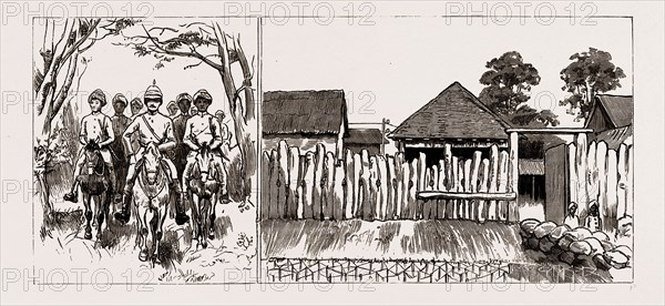 THE EXPEDITION TO UPPER BURMA, WITH THE TONGHOO FIELD FORCE, 1886: THE HEAD OF THE COLUMN, MOUNTED POLICE SCOUTS ENTERING GYOBIN, GYOBIN POLICE GUARD HOUSE AND STOCKADE: EXTERIOR, WITH BARBED WIRE DEFENCES