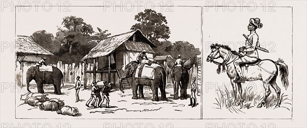 THE EXPEDITION TO UPPER BURMA, WITH THE TONGHOO FIELD FORCE, 1886: GYOBIN STOCKADE, INTERIOR: ELEPHANTS OF THE BOMBAY-BURMA CORPORATION LOADING TRANSPORT; A BURMA MOUNTED POLICE SCOUT