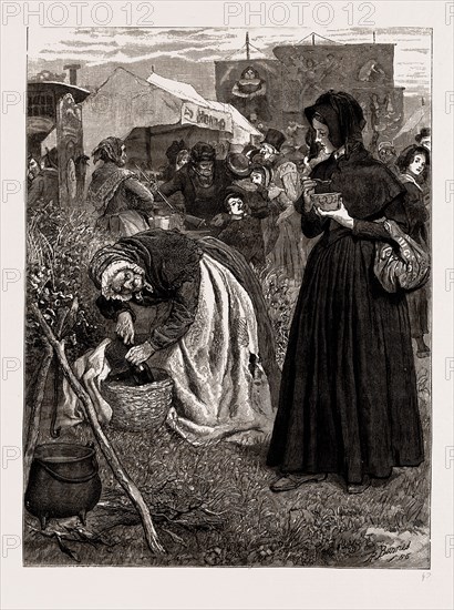 THE MAYOR OF CASTERBRIDGE, DRAWN BY ROBERT BARNES, WRITTEN BY THOMAS HARDY, 1886; "The hag opened a little basket behind the fire, and, looking up slily, whispered, 'Just a thought o' rum in it?'"