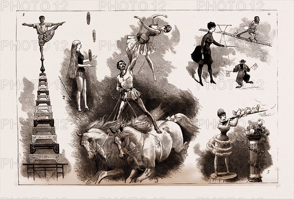 THE CIRCUS AT COVENT GARDEN THEATRE, LONDON, UK, 1886: 1. One of the Arab Acrobats 2. Performance on the Slack Wire by Mddle. Gisella. 3. "Graceful Double Act on two Barebacked Horses by Jennie O'Brien and Mr. George Gilbert." 4. Fraulein Eichlerette Exhibits her Troupe of Monkeys. 5. Miss Jennie O'Brien Fires a Rifle with Pigeons Perched upon it.