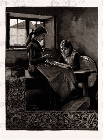 LACE-MAKING IN AN IRISH COTTAGE, 1886