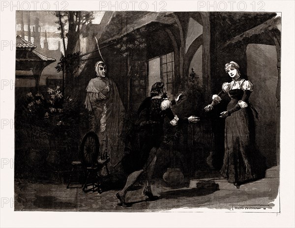 "FAUST", AT THE LYCEUM THEATRE, Mephistopheles (Mr. Irving): "Pretty to see young lovers play with crime." ACT II., Scene 6, LONDON, UK, 1886