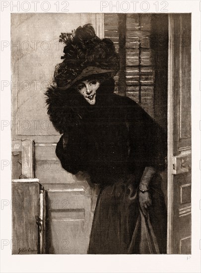 "MAY I COME IN?" FROM THE PICTURE BY GASTON LINDEN, EXHIBITED IN THE PARIS SALON, 1897; A LADY ENTERING THROUGH A DOOR