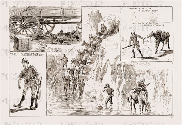 TOMMY ATKINS IN RHODESIA: LEAVES FROM AN OFFICER'S SKETCH BOOK, 1897; THE MID DAY OUTSPAN; CROSSING A "DRIFT" ON THE HANYANI RIVER; NEAR THE END OF THE PATROL A SCARCITY OF MEALIES; NOT QUITE THE THING FOR AN ALDERSHOT FIELD DAY
