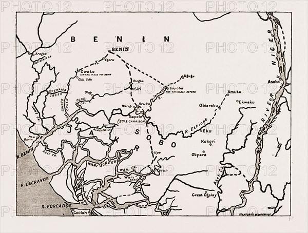 THE ADVANCE ON BENIN: MAP SHOWING THE ROUTE OF THE EXPEDITION, 1897: The main portion of the punitive expedition against the King of Benin under Admiral Rawson went up the river Benin to Warigi. The same day the force marched to Siri, and on the following day attacked and occupied Ologbo. A second force under Captain O'Callaghan of the Philomel went up the Gwato Creek, and occupied Gilli Gilli and Gwato. While a third force went up the Jameson River and occupied Sapoba.