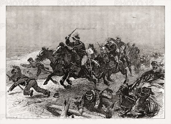 THE GREEK ROUT: AN INCIDENT OF THE STAMPEDE ON THE ROAD TO LARISSA, GREECE, 1897; Panic completely overtook the Greek army. A whole battery of artillery took to flight and crashed through everything. Horses and carts were hurled down the embankment and the telegraph poles on the roadside were in many cases smashed.