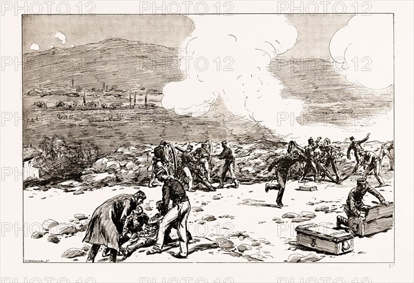 THE ENGAGEMENT AT MATI: GREEK ARTILLERY MAKING GOOD PRACTICE, 1897; It was generally agreed that the Greeks had more than held their own during the final engagement at Mati before the retreat was ordered. The morning had been taken up by a hot duel between the Greek and Turkish batteries, with but small loss to the Greeks. Hitherto the Turkish fire had ceased about midday, but on this occasion there was no interval, and shells came screaming overhead without any intermission. Turkish infantry advanced on the Greek left wing, and were compelled to retire. The Turkish cavalry prepared to charge, but also retired in face of the Greek fire. An attack on the right centre fared no better. When the day was over everything pointed to an interesting fight on the morrow. The subsequent abandonment by the Greeks of their position, which was followed by the disgraceful stampede, is therefore inexplicable.
