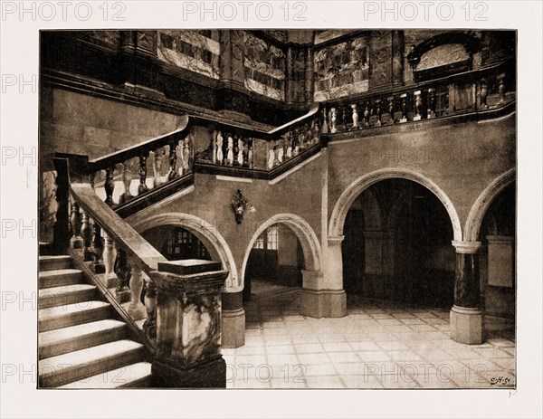 THE QUEEN'S VISIT TO SHEFFIELD: THE NEW TOWN HALL TO BE OPENED BY HER MAJERSTY, UK, 1897: THE GRAND MARBLE STAIRCASE