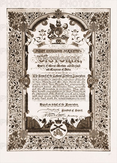 THE QUEEN AND THE VOLUNTEERS, 1897: An address has been presented to Her Majesty the Queen by the National Artillery Association in this record year of her reign. The wording is as follows: "1837-1897. To Her Most Gracious Majesty Victoria, Queen of Great Britain and Ireland, and Empress of India. The Council of the National Artillery Association crave permission to repeat their expressions of loyalty to Your Majesty and offer their thanks for the interest which Your Majesty has continuously displayed toward the Volunteer Force generally, and this Association in particular. They offer their humble congratulations to Your Majesty on the attainment of the Sixtieth year of your reign with most sincere wishes that you may be spared to your loyal people for many happy years to come." It is in gold and colours, beautifully illuminated upon vellum, the whole being enclosed in a crimson morocco roll case.