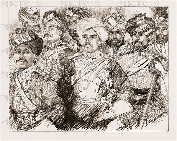 DIAMOND JUBILEE VISITORS, UK, 1897: OFFICERS OF THE IMPERIAL SERVICE TROOPS: COMMANDANT GOVIND RAO MATKAR (Indore Lancers), COMMANDANT ABDUL GUNNY (2nd Gwalior Lancers), CAPTAIN MIR HASSIM ALI KHAN (2nd Hyderabad Lancers), RESSALDAR MAJOR SUNIYAT SINGH (Kashmir Lancers)