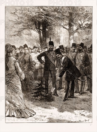 THE PRINCE OF WALES'S GARDEN PARTY AT CHISWICK, THE SHAH PLANTING A TREE IN COMMEMORATION OF HIS VISIT, 1873
