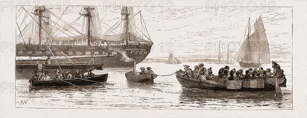 GOING TO THE BALL ON BOARD H.M.S. ARIADNE, The Royal Yacht Squadron Regatta at Cowes, UK in 1873