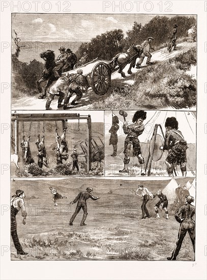 Autumn manoeuvres at Dartmoor, UK 1873, I. UP-HILL WORKâ€îA SKETCH ON THE ROAD FROM HORRABRIDGE.-2. THE BUTCHER'S SHOP.-3. SOUNDING THE HOUR ON THE GONG IN THE CAMP OF THE 42ND ON YANNATON DOWN. â€î4. PLAYTIME IN CAMP â€î OFFICERS PLAYING " ROUNDERS "-